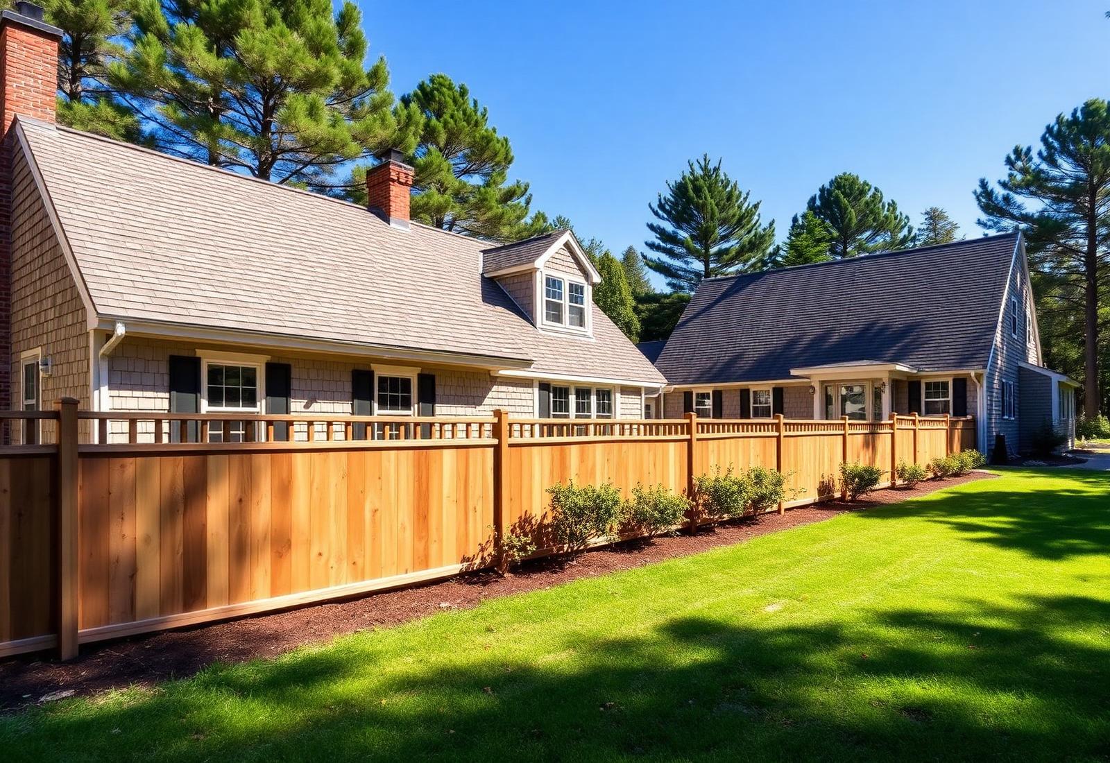 Cedar fence bordering the lawn of a shingled New England home in Maine